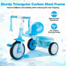Foldable blue toddler tricycle with a sturdy triangular carbon steel frame, adjustable seat, and light-up rear wheels for fun rides.