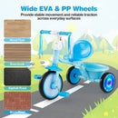 Foldable blue toddler tricycle with lighting wheels, adjustable seat, and wide EVA wheels for stable movement on various surfaces.