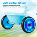 Light-up rear wheels of the blue foldable toddler tricycle enhance fun and safety for kids aged 2 to 5 during play.