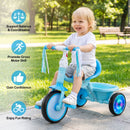 Foldable blue toddler tricycle with lighting wheels, adjustable seat, and sturdy frame for kids aged 2-5 years.