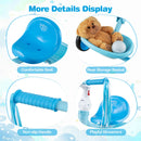 Blue foldable toddler tricycle features a comfortable seat, non-slip handle, playful streamers, and rear storage basket.