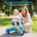 Foldable blue toddler tricycle with light-up wheels and adjustable seat for children aged 2-5, promoting balance and coordination.