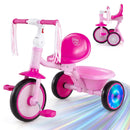 Front view of a foldable pink toddler tricycle featuring playful streamers and wide wheels for stable, fun rides for ages 2-5.