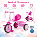 Foldable pink toddler tricycle features adjustable seat, light-up wheels, and stable design for kids aged 2-5 years.
