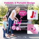 Foldable pink toddler tricycle with lighting wheels, adjustable seat, and sturdy carbon steel frame for stable outdoor fun.