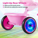 Light-up rear wheels of the pink foldable toddler tricycle enhance fun and safety for children aged 2 to 5 during play.