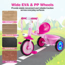 Foldable pink toddler tricycle with lighting wheels, adjustable seat, and wide wheels for stable movement on various surfaces.