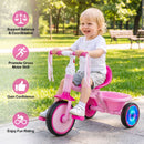 Foldable pink toddler tricycle with lighting wheels, adjustable seat, and stable design for children aged 2-5 years.