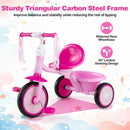 Foldable pink toddler tricycle with a sturdy carbon steel frame, adjustable seat, and light-up rear wheels for fun rides.