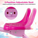 Adjustable pink seat of the foldable toddler tricycle for ages 2-5, enhancing comfort and fit during rides.