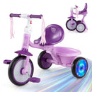 Foldable purple toddler tricycle features lighting wheels, adjustable seat, and sturdy carbon steel frame for stability and fun.