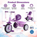 Foldable purple toddler tricycle with adjustable seat, light-up wheels, and sturdy carbon steel frame for kids aged 2-5.