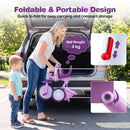 Foldable toddler tricycle in purple features lighting wheels, adjustable seat, and portable design for easy storage and travel.