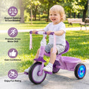 Purple foldable toddler tricycle showcases wide wheels for stable traction, promoting balance and confidence in young riders.