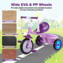Foldable purple toddler tricycle with lighting wheels, adjustable seat, and wide wheels for stable movement on various surfaces.