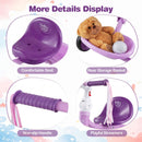 Purple foldable toddler tricycle features a comfortable seat, non-slip handle, playful streamers, and rear storage basket.