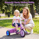 Foldable purple toddler tricycle with lighting wheels, adjustable seat, and stable design for kids aged 2-5 years.