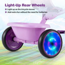 Light-up rear wheels of the purple foldable toddler tricycle enhance fun and stability for children aged 2 to 5 years.