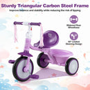 Foldable purple toddler tricycle with a sturdy carbon steel frame, adjustable seat, and light-up rear wheels for fun rides.
