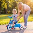 Toddler tricycle in blue with a sturdy metal frame, detachable rear storage basket, and ergonomic seat for ages 2-5.