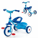 Blue toddler tricycle featuring a 60° steering range for responsive handling and a sturdy metal frame for young riders.