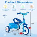 Toddler tricycle in blue with a sturdy metal frame, 60° steering, and detachable rear storage basket for active play.