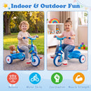 Toddler tricycle in blue with a sturdy metal frame, detachable rear storage basket, designed for balance and coordination.