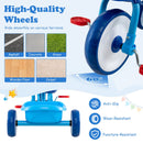 Toddler tricycle in blue with high-quality, anti-slip wheels for smooth rides on various terrains and a rear storage basket.