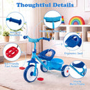 Toddler tricycle in blue with a sturdy metal frame, ergonomic seat, and detachable rear storage basket for active play.