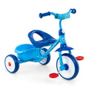 Toddler tricycle in blue with a sturdy metal frame, anti-slip wheels, and a detachable rear storage basket for toys.