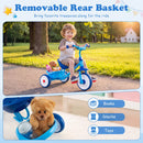 Toddler tricycle in blue with a removable rear storage basket for toys, snacks, and books, ideal for ages 2-5.