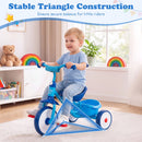 Toddler tricycle in blue with a sturdy metal frame, stable triangular construction, and detachable rear storage basket.