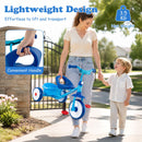 Toddler tricycle in blue with a sturdy metal frame, ergonomic seat, and detachable rear storage basket for kids aged 2-5.