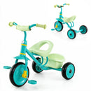 Toddler tricycle in green showcasing a side view, featuring a sturdy metal frame and anti-slip handlebars for safe riding.