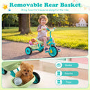 Toddler tricycle in green with a removable rear storage basket for toys and snacks, designed for kids ages 2-5.