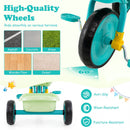 Toddler tricycle in green with high-quality, puncture-resistant wheels for smooth rides on various surfaces and a rear storage basket.