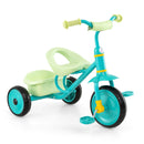 Toddler tricycle in green with a sturdy metal frame, anti-slip wheels, and a detachable rear storage basket for toys.