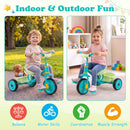 Toddler tricycle in green with a sturdy metal frame, detachable rear storage basket, designed for indoor and outdoor fun.