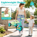 Toddler tricycle in green with a sturdy metal frame, ergonomic seat, and detachable rear storage basket for active play.