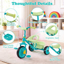 Toddler tricycle in green with a sturdy metal frame, ergonomic seat, and detachable rear storage basket for active play.