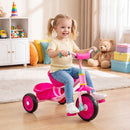 Toddler tricycle in pink with a sturdy metal frame, anti-slip wheels, and a detachable rear storage basket for toys.