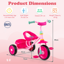 Toddler tricycle in pink with a sturdy metal frame, detachable rear storage basket, and anti-slip wheels for ages 2-5.