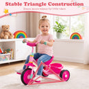 Toddler tricycle in pink with a sturdy metal frame, stable triangle construction, and detachable rear storage basket for toys.