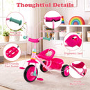 Toddler tricycle in pink with sturdy metal frame, ergonomic seat, and detachable rear storage basket for active play.