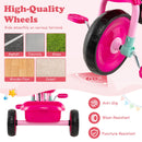 Toddler tricycle in pink with high-quality anti-slip wheels, suitable for various terrains and featuring a rear storage basket.