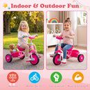 Toddler tricycle in pink with a metal frame, rear storage basket, and anti-slip wheels for balanced indoor and outdoor fun.