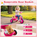 Toddler tricycle in pink with a removable rear storage basket for toys and snacks, designed for ages 2-5 years.