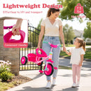 Toddler tricycle in pink with a sturdy metal frame, ergonomic seat, and detachable rear storage basket for active play.