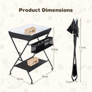 Folding baby change table in black with storage basket and shelf, designed for convenient diaper changes and easy.