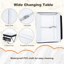 Wide folding baby change table in black with waterproof PVC, safety belt, and storage basket for convenient diaper.